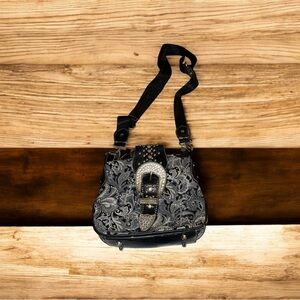 Vintage~Montana West~Purse~Paisley~Black ~Satchel~Crossbody~Embellished ~Buckle